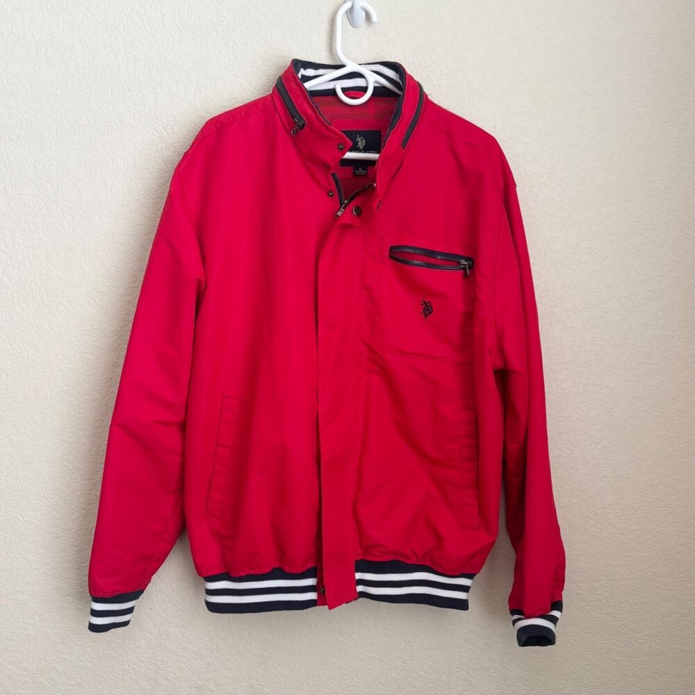 U.S. Polo Assn. Mens Red Jacket XL Button & Zip Closure Polyester Striped Ribbed